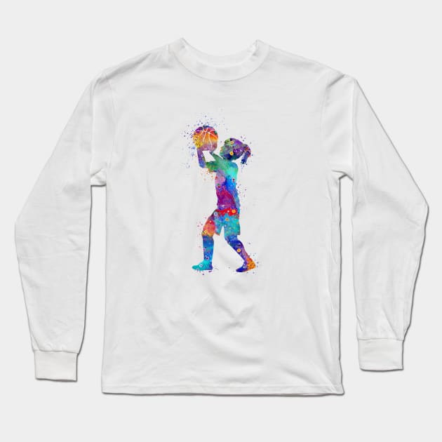 Girl Basketball Kid Watercolor Sport Gift Long Sleeve T-Shirt by LotusGifts